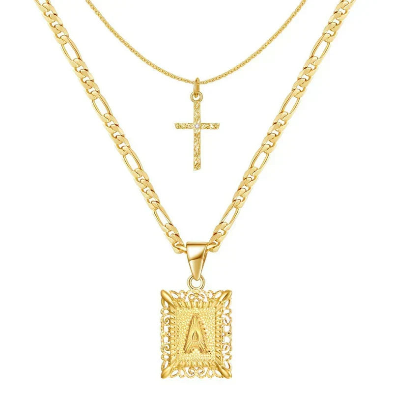 Set de Collar con Inicial y Cruz | Oro
