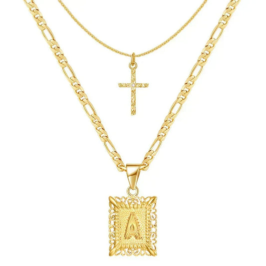 Set de Collar con Inicial y Cruz | Oro