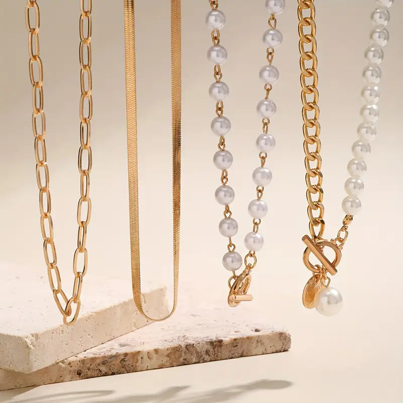 Set de Collar de Cadena Serpiente de Perla y Oro Vintage | Oro
