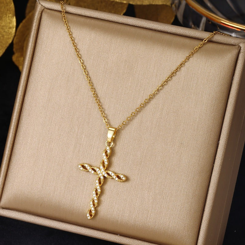 Collar de Cruz Trenzada con Cristal | Oro
