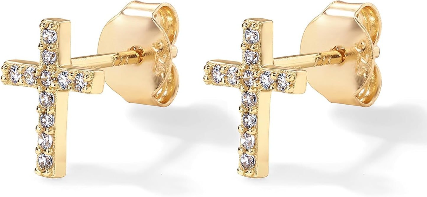 Aretes de Botón de Cruz Pavé | Oro