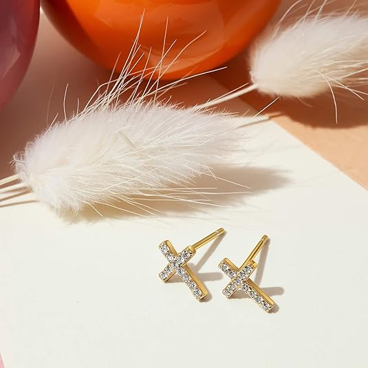 Aretes de Botón de Cruz Pavé | Oro