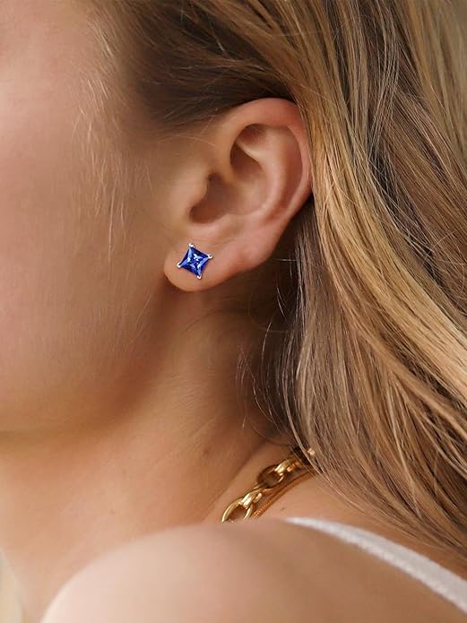 Aretes de Botón Minimalistas Zafiro Princess Cut | Oro blanco
