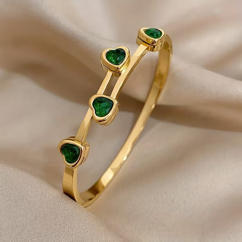 Pulsera de Corazones Verde | Oro