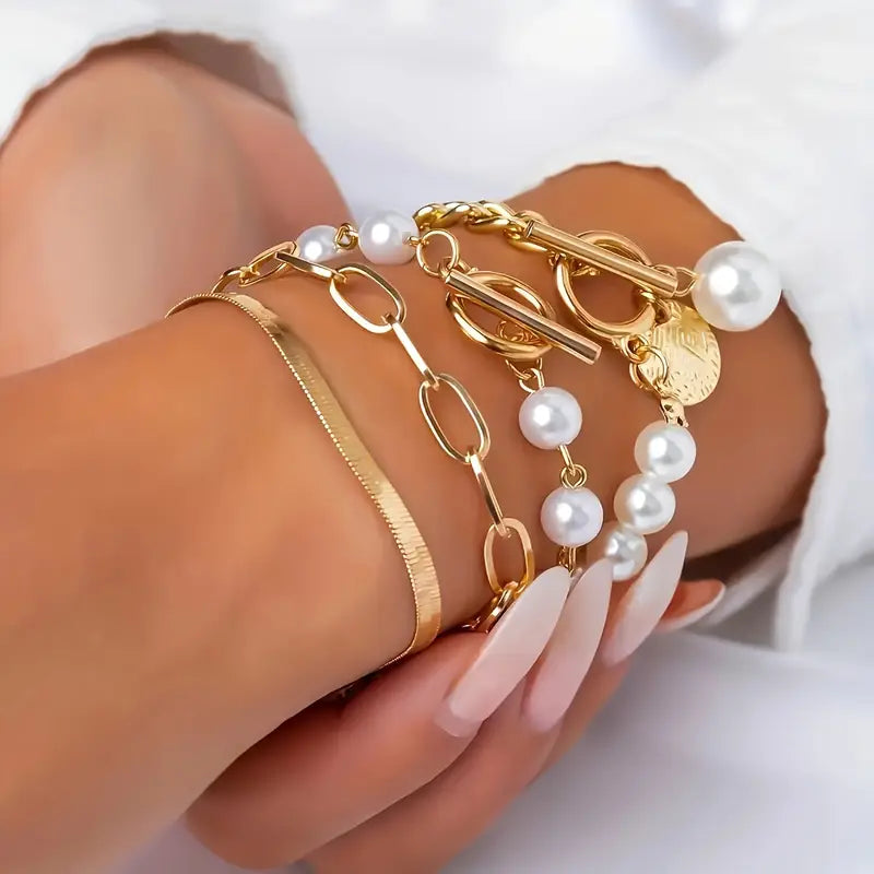 Set de Pulseras Serpiente de Perlas Oro Chic 4 Piezas Links | Oro