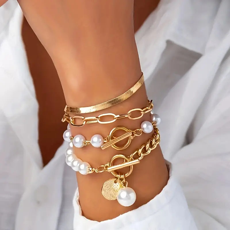 Set de Pulseras Serpiente de Perlas Oro Chic 4 Piezas Links | Oro