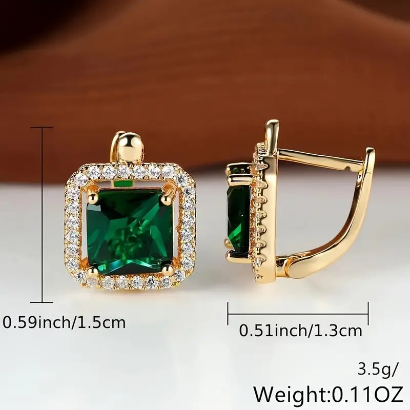 Aretes Dorados Cuadrados de Circonita Verde | Oro