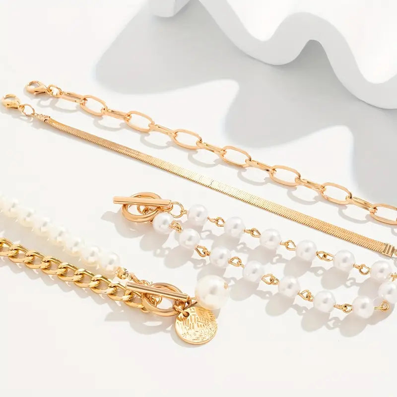 Set de Pulseras Serpiente de Perlas Oro Chic 4 Piezas Links | Oro