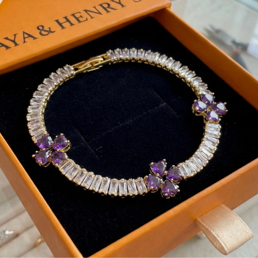 Pulsera de Trébol de Corazón Amatista | Oro