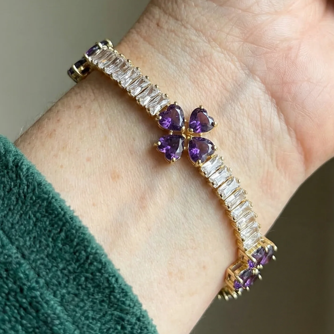 Pulsera de Trébol de Corazón Amatista | Oro