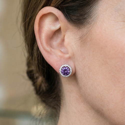 Aretes de Botón Redondos Pavé Amatista | Oro blanco