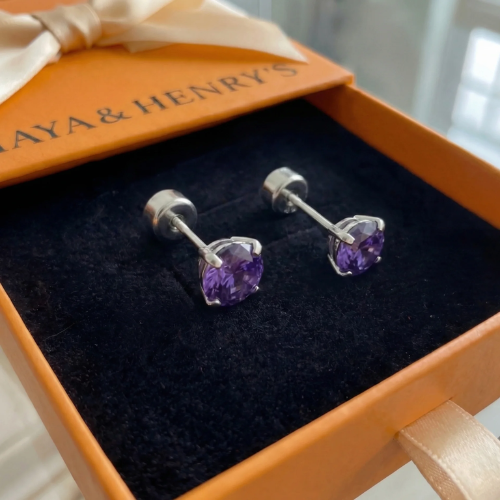 Aretes de Botón Redondos Amatista | Oro blanco