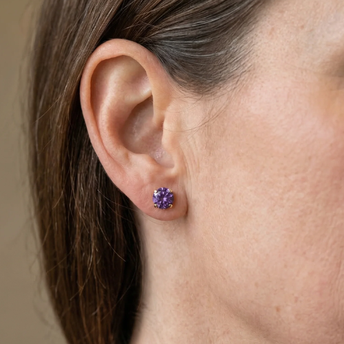 Aretes de Botón Redondos Amatista | Oro blanco