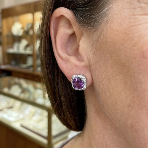 Aretes de Botón Cuadrados Pavé Amatista | Oro blanco