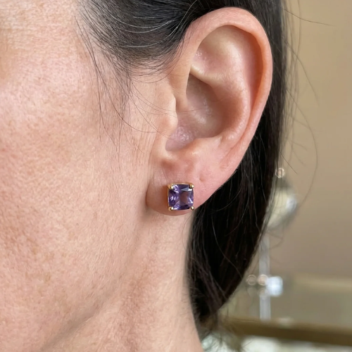 Aretes de Botón Cuadrados Amatista | Oro