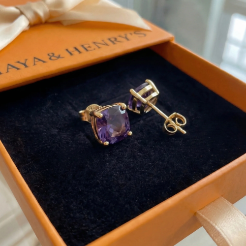 Aretes de Botón Cuadrados Amatista | Oro