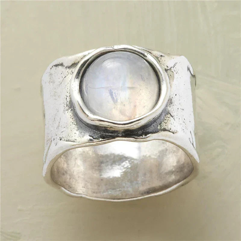 Anillo Piedra Lunar Boho | Oro blanco