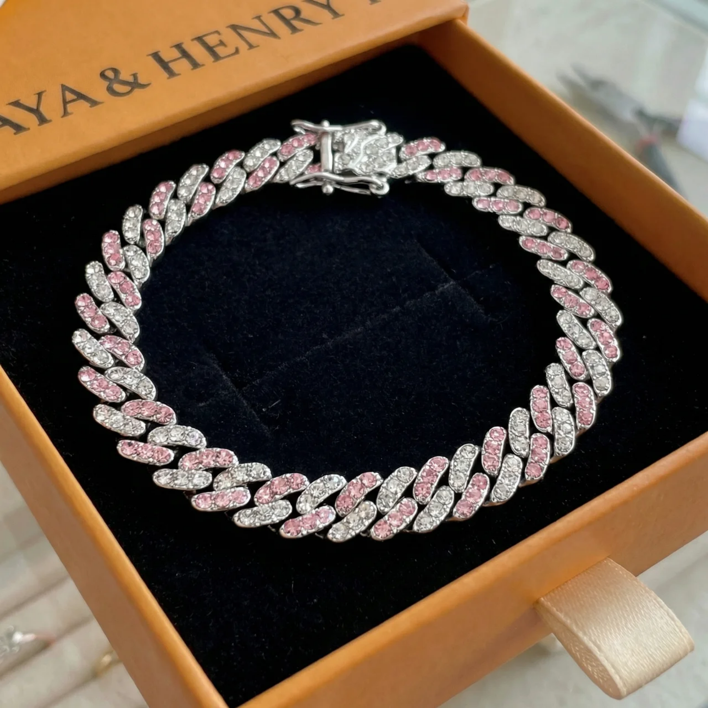 Pulsera Cubano Rosa Pálido Arctic | Oro blanco
