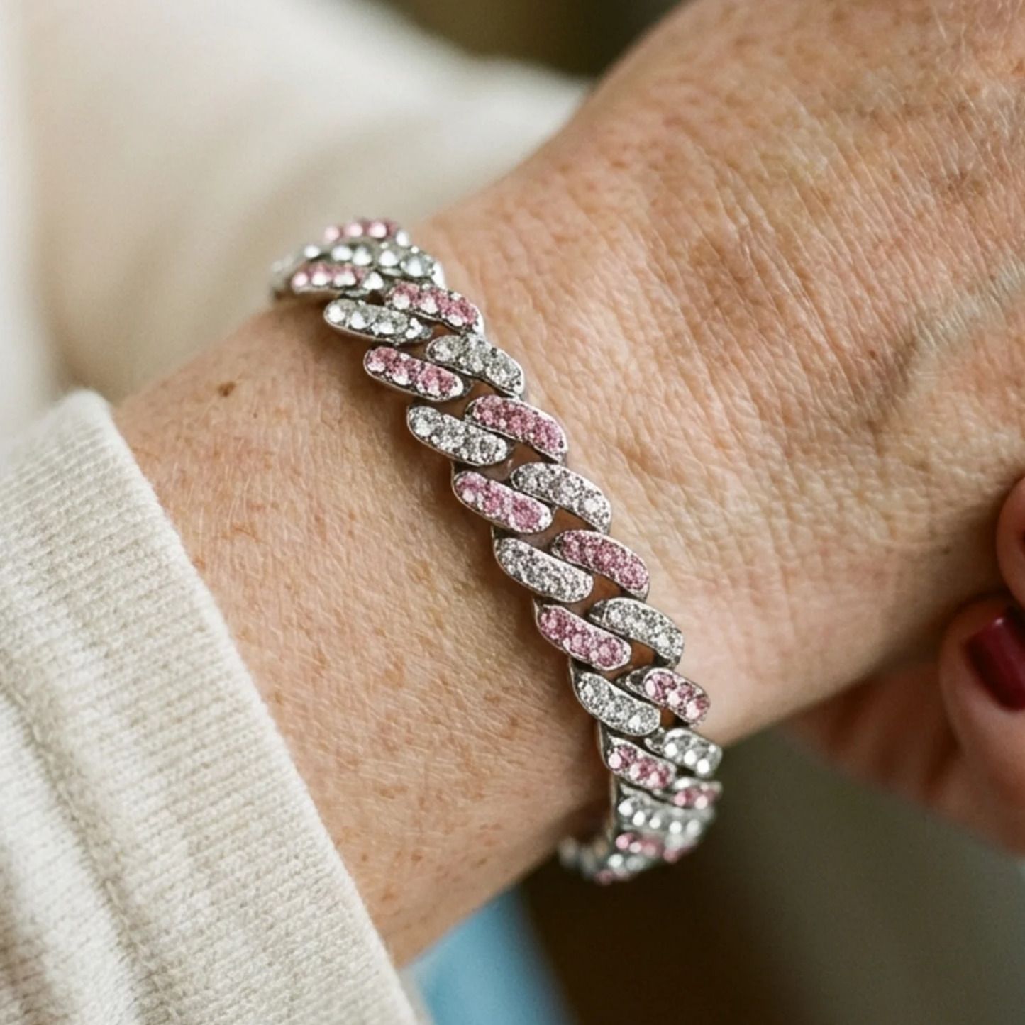 Pulsera Cubano Rosa Pálido Arctic | Oro blanco