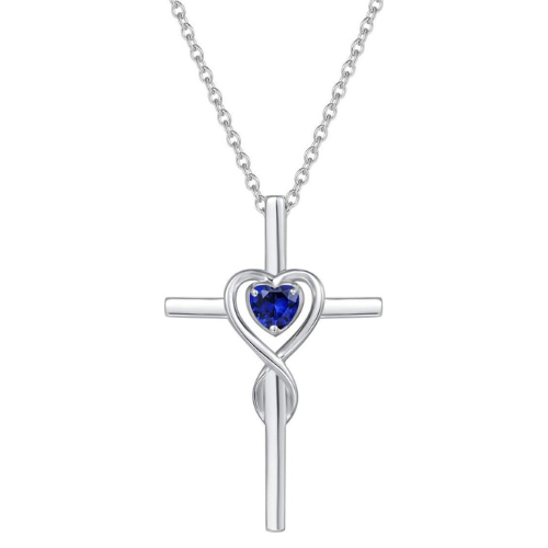 Collar de Corazón de Piedra de Cruz Zafiro | Oro blanco