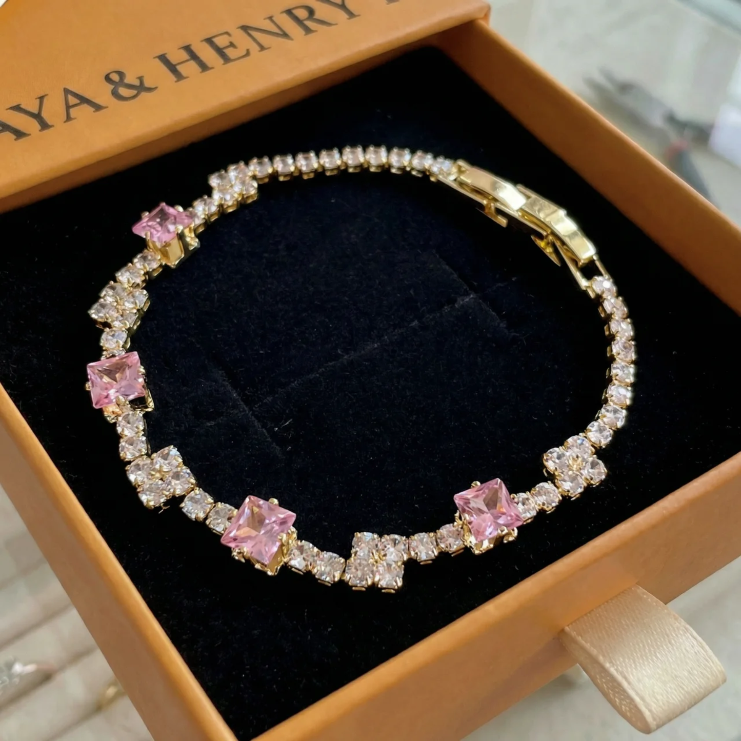 Pulsera Tennis Rosa Pálido Squares | Oro