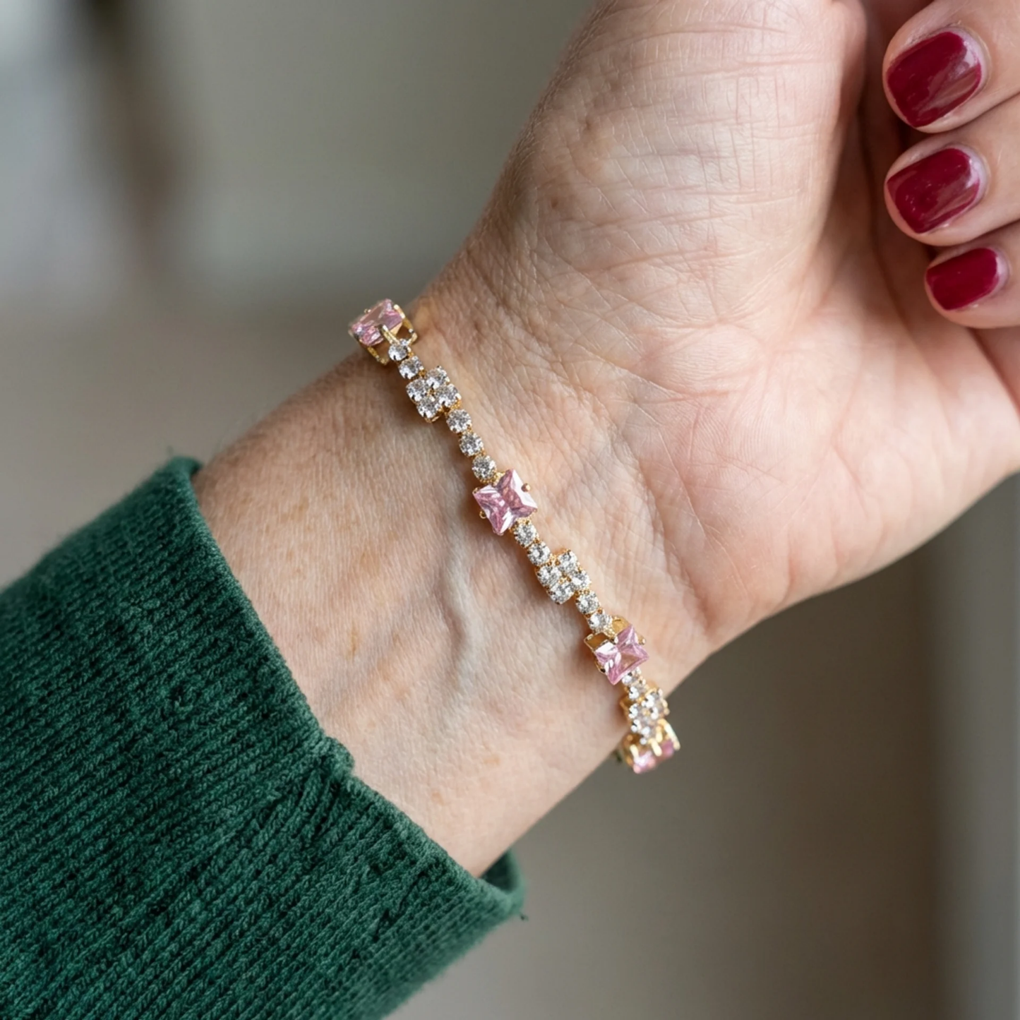 Pulsera Tennis Rosa Pálido Squares | Oro