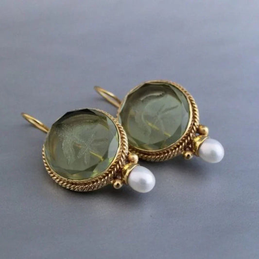Aretes Antiguos de Piedra de Perla Verde Rounded | Oro blanco