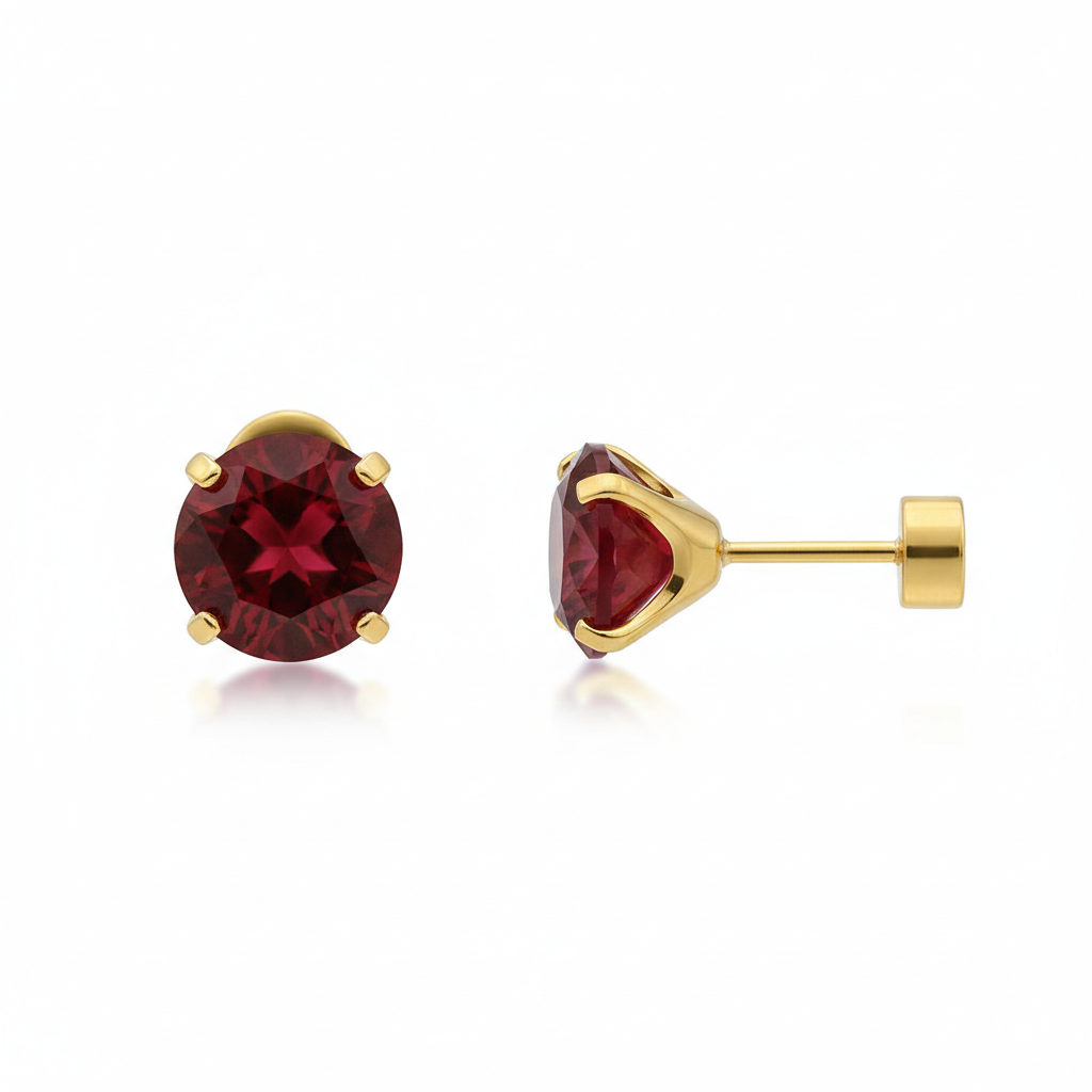 Aretes de Botón Redondos Rubí | Oro