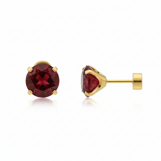 Aretes de Botón Redondos Rubí | Oro