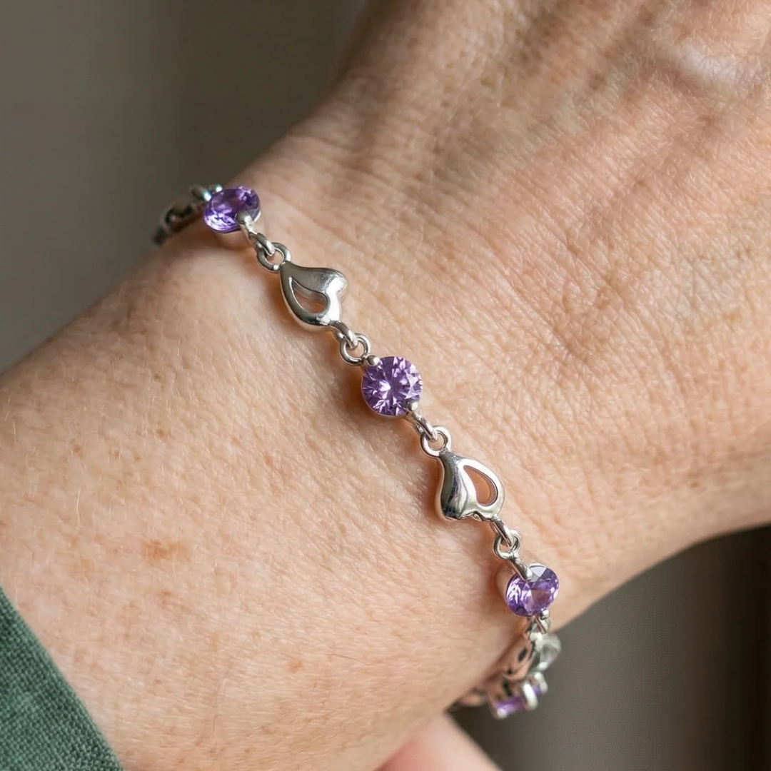 Pulsera de Corazón con Dije Amatista | Oro blanco