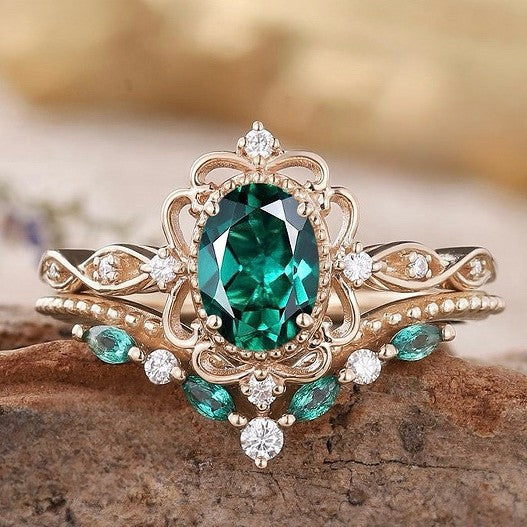 Set de Anillos de Corona Esmeralda Aurelle | Oro rosa