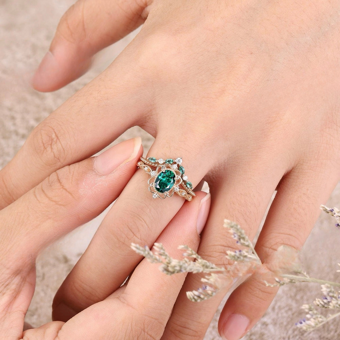 Set de Anillos de Corona Esmeralda Aurelle | Oro rosa