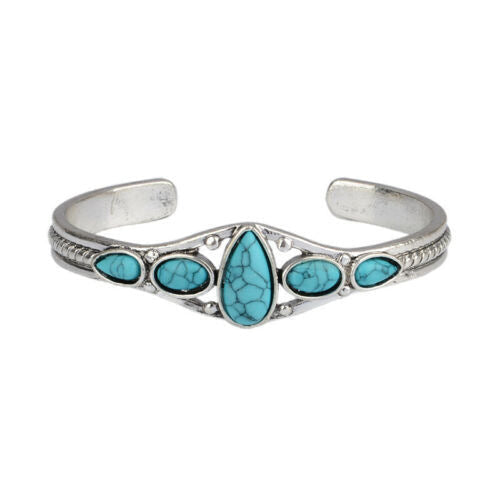 Pulsera Abierta de Turquesa de Lágrima | Oro blanco
