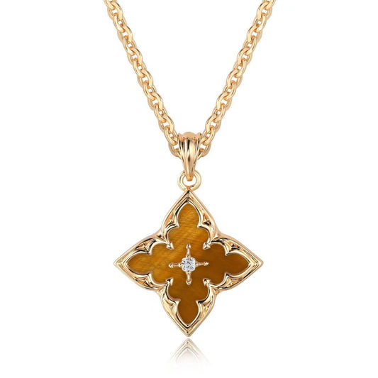 Collar con Colgante de Trébol Marrón | Oro