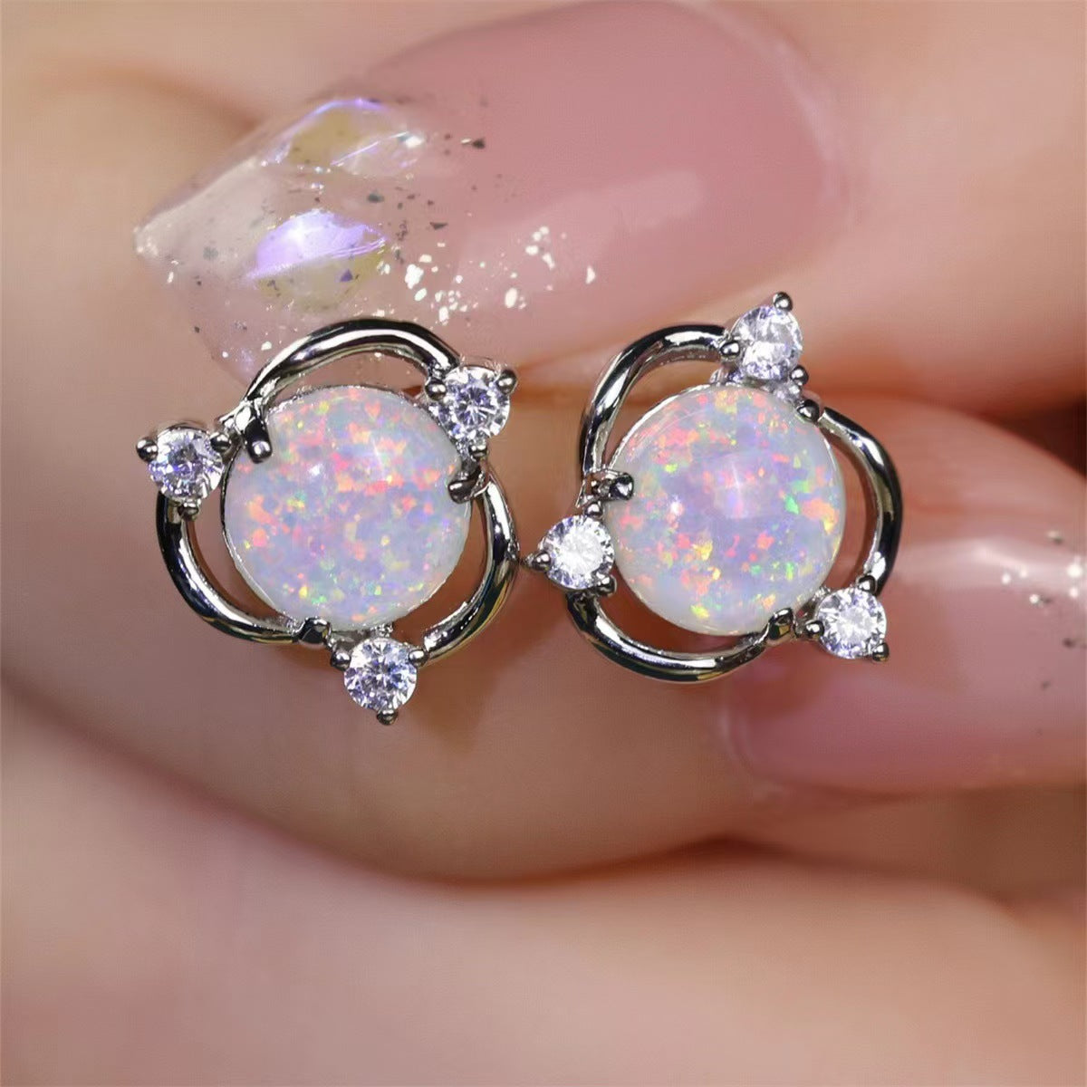 Aretes de Botón de Ópalo Trio | Oro blanco