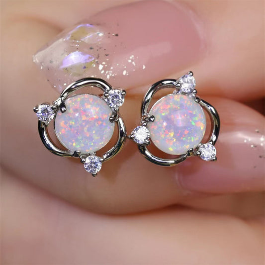 Aretes de Botón de Ópalo Trio | Oro blanco