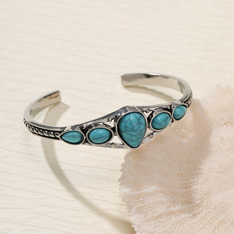Pulsera Abierta de Turquesa de Lágrima | Oro blanco