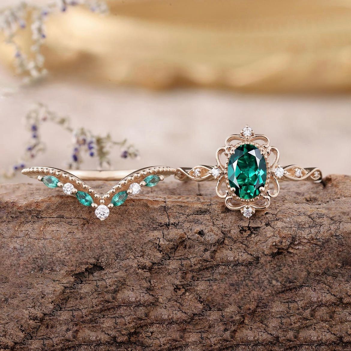 Set de Anillos de Corona Esmeralda Aurelle | Oro rosa