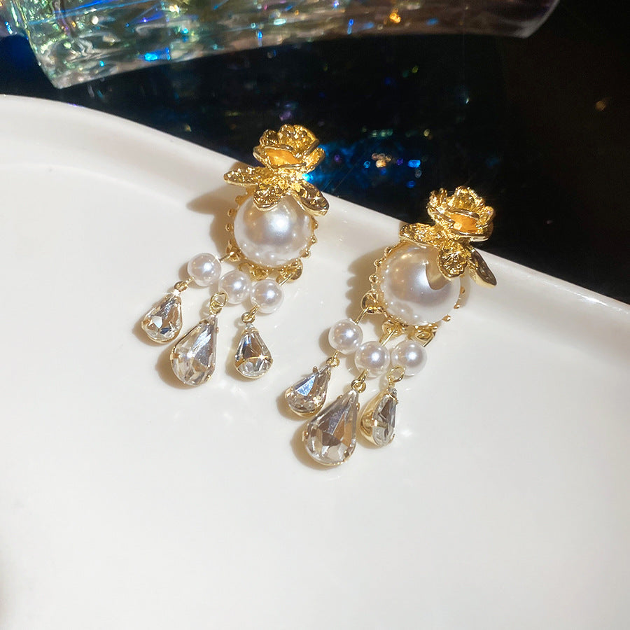 Aretes Colgantes de Perla Ivoria Dew | Oro