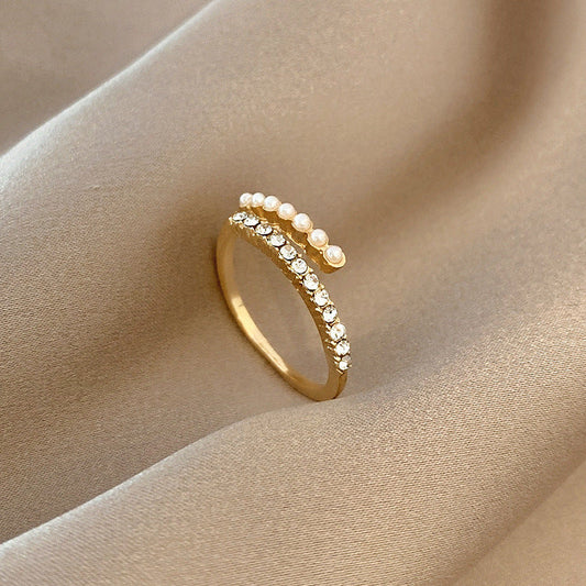 Anillo Abierto Virelle de Perla y Cristal | Oro