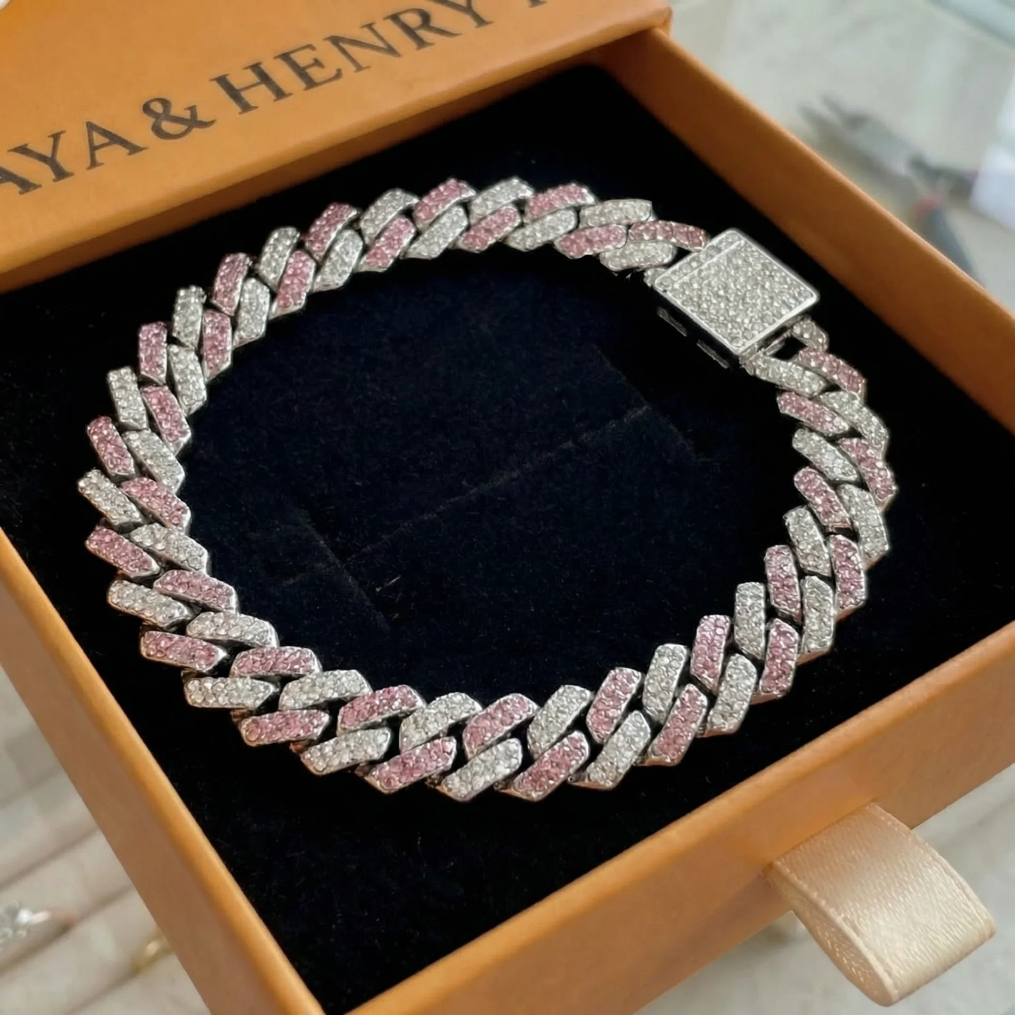 Pulsera con Brillo Cubano Rosa | Oro blanco