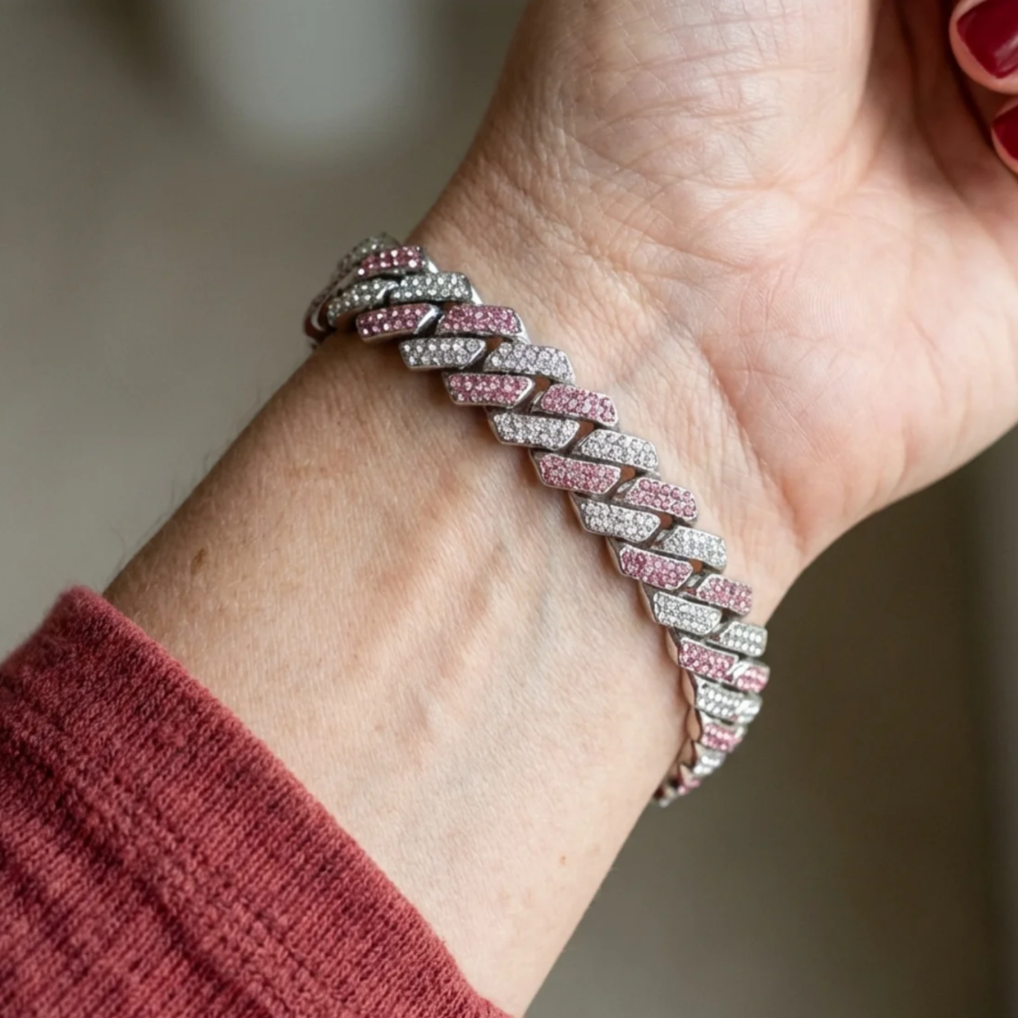 Pulsera con Brillo Cubano Rosa | Oro blanco