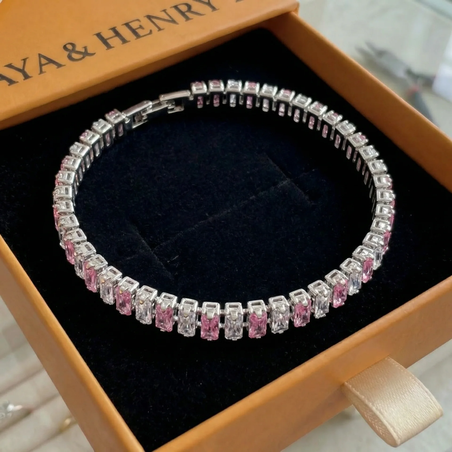 Pulsera Tennis Rosa Stripe | Oro blanco