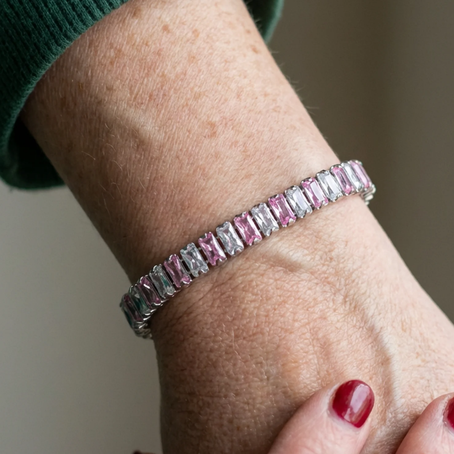 Pulsera Tennis Rosa Stripe | Oro blanco