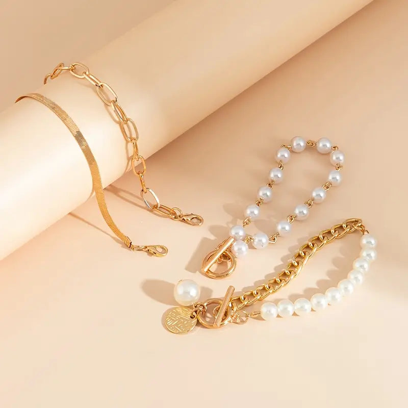 Set de Pulseras Serpiente de Perlas Oro Chic 4 Piezas Links | Oro