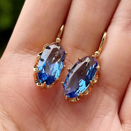 Aretes Dorados Floreciente Azul | Oro