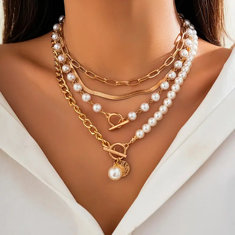Set de Collar de Cadena Serpiente de Perla y Oro Vintage | Oro