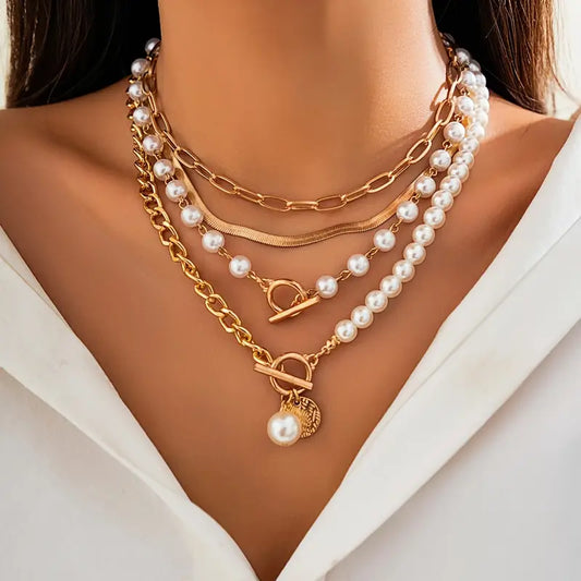 Set de Collar de Cadena Serpiente de Perla y Oro Vintage | Oro