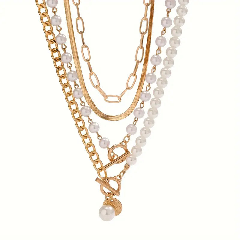 Set de Collar de Cadena Serpiente de Perla y Oro Vintage | Oro