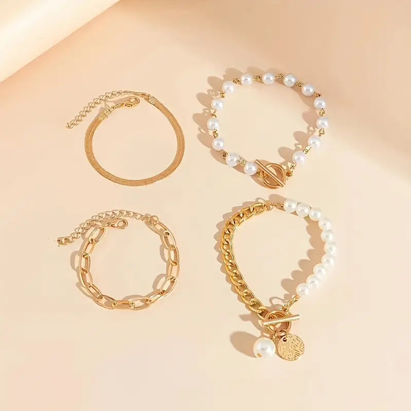 Set de Pulseras Serpiente de Perlas Oro Chic 4 Piezas Links | Oro